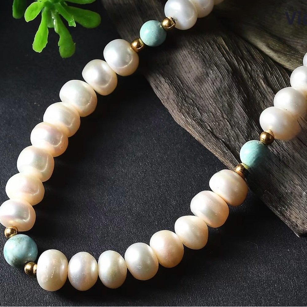 $299 Retail Pearl & Larimar 10 ctw Necklace in 18K Yellow Gold Over 925 Sterling
